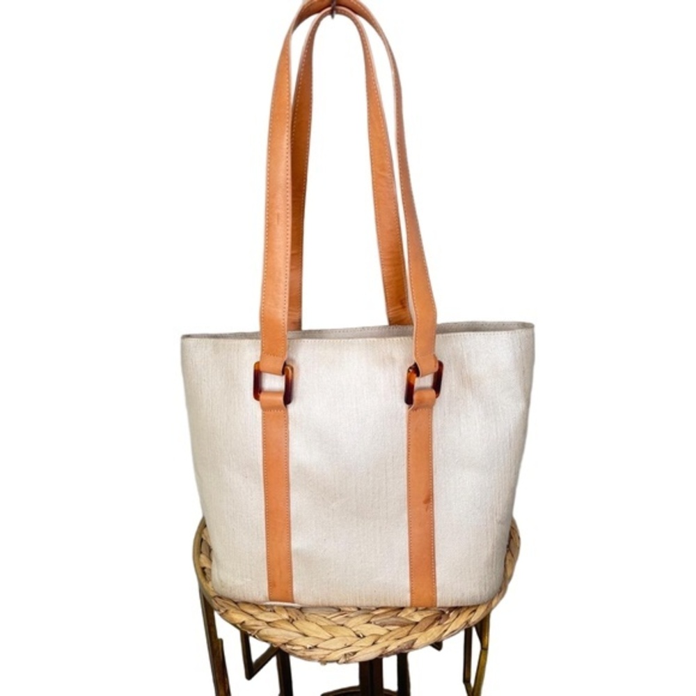 LL Bean bag Traveler Boat & Tote Natural Weatherproof Beige Leather Handle Boat